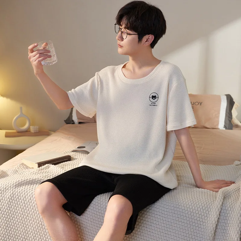 Korean Fashion Homewear For Men Women Cotton Pajamas Set Short Sleep Tops Pant Man Sleepwear Female Nightwear Homme Freeship