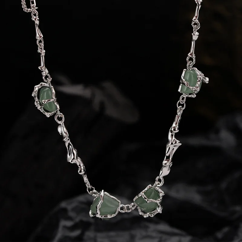 

Real S925 sterling Silver Necklace, New Chinese style bamboo necklace female, Dongling jade