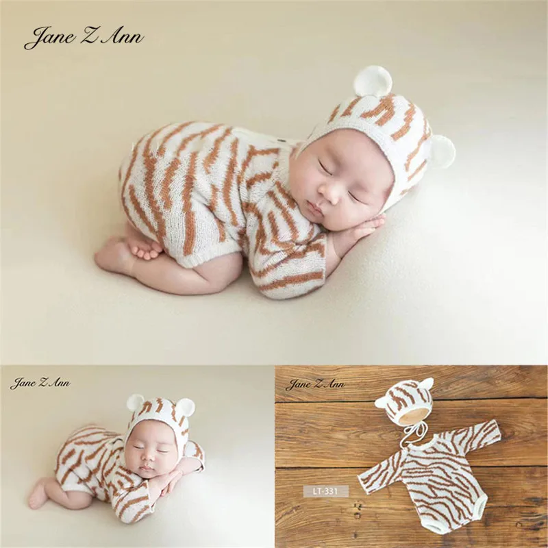 

New jumpsuit tiger clothing newborn baby knitted handmade hat+ bodysuit children photo studio shooting