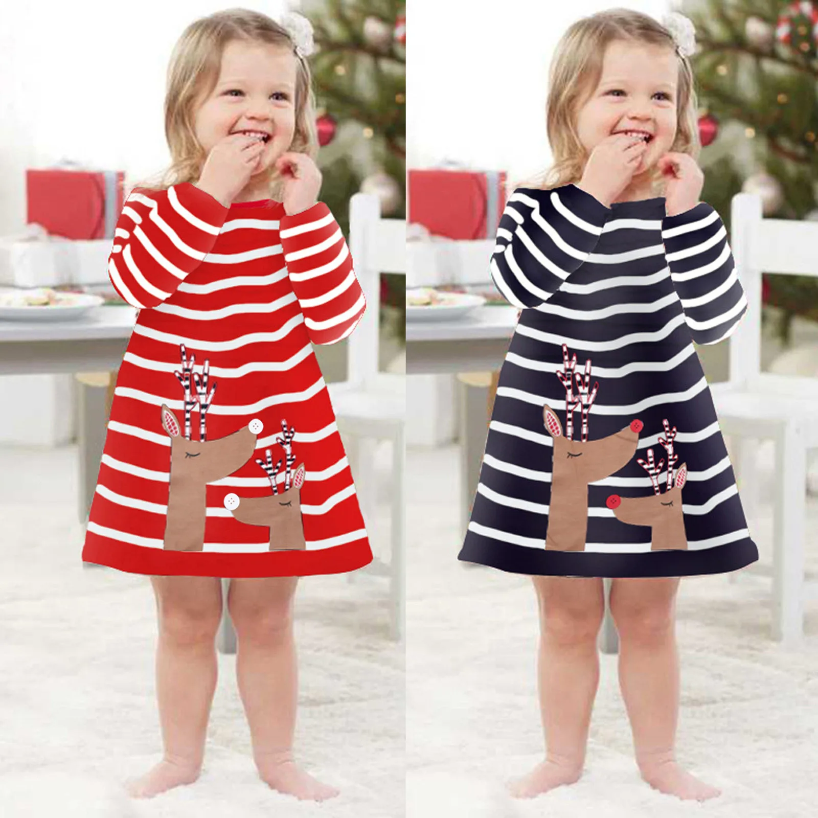 

Baby Toddler Dress Christmas Clothes Striped Deer Kids Princess Outfits Girls Girls Dress&Skirt Come Mono Dress