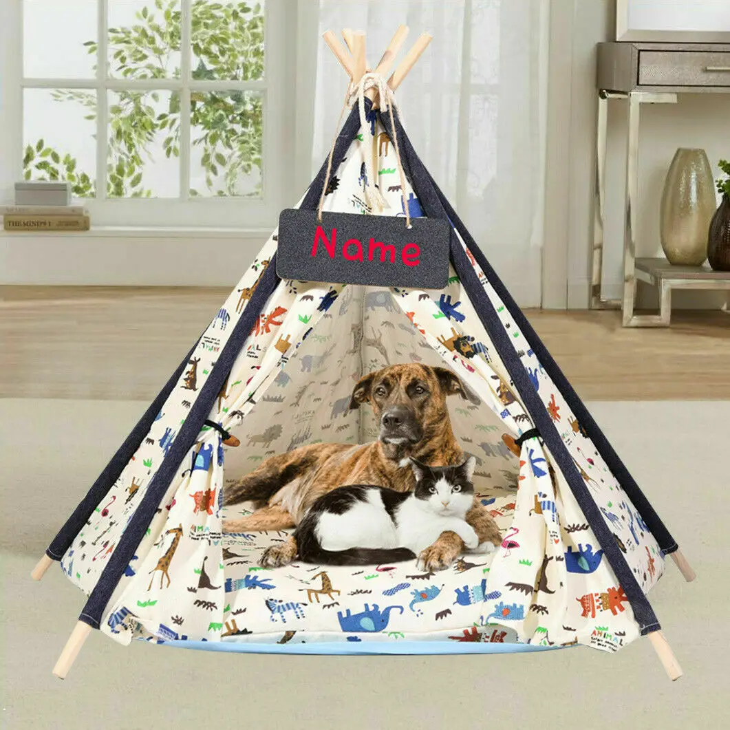

Pet Teepee Tent for Kitten Puppy Washable Cute Foldable Cat Playhouse Tents Canvas Cover with Cushion Pad Sleep Bed