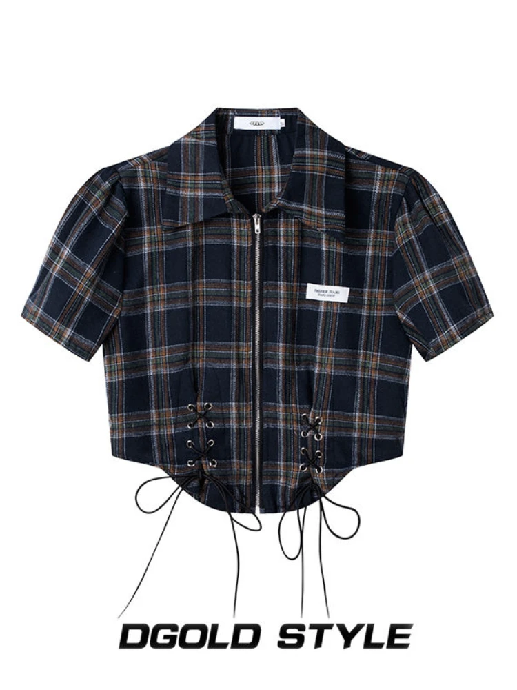 

HOUZHOU Plaid Shirt Women Summer Crop Blouse Bandage Zipper High Street Vintage Fashion Y2k Tops Short Sleeve Female Harajuku