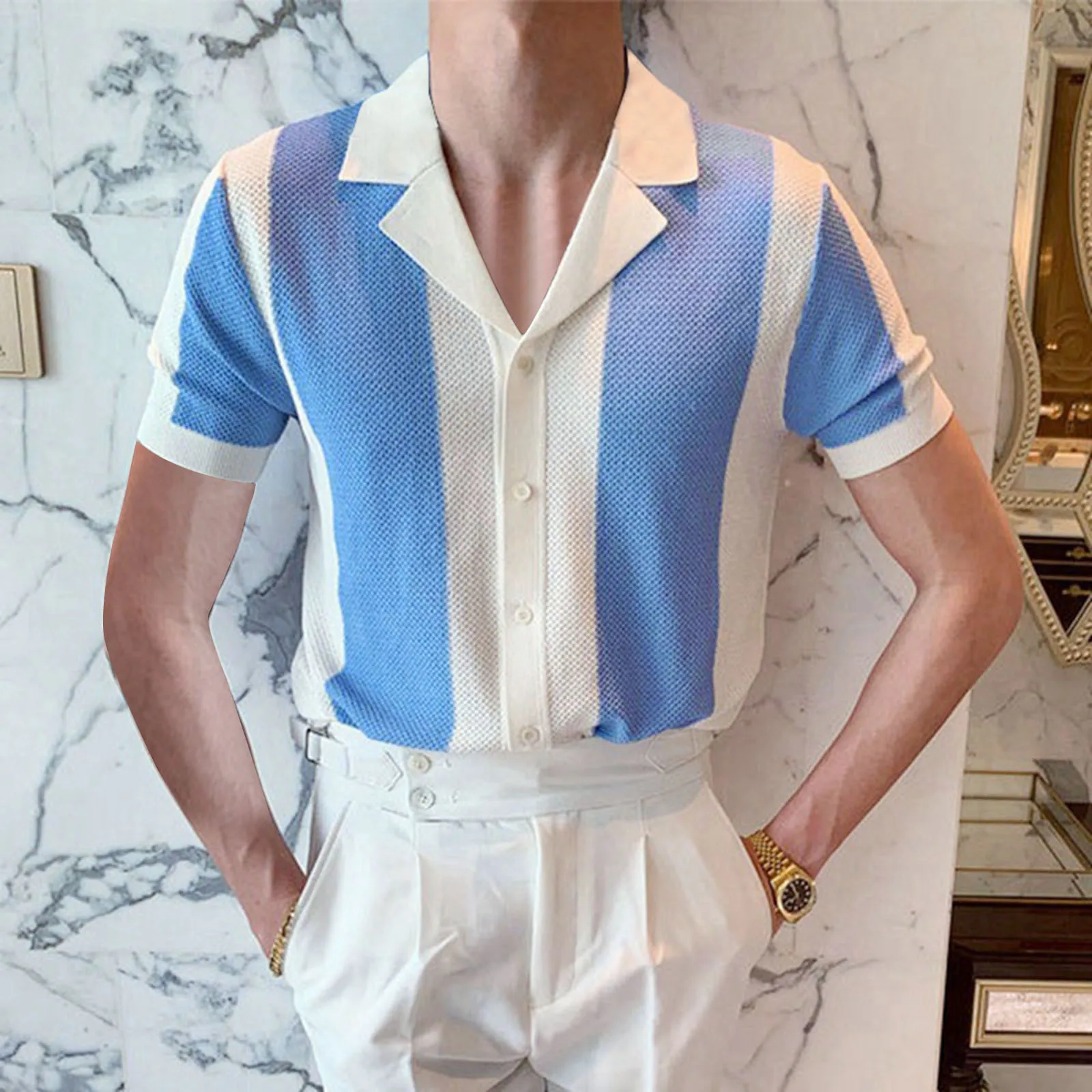 

Mens Fashion Casual Single Breasted Lapel Striped Cardigan Short Sleeve T Shirt Jacket Top