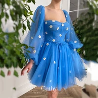cathy princess daisy embroidery mini prom dress robes de soir%c3%a9e custom short evening dresses tulle puffy sleeves party dress