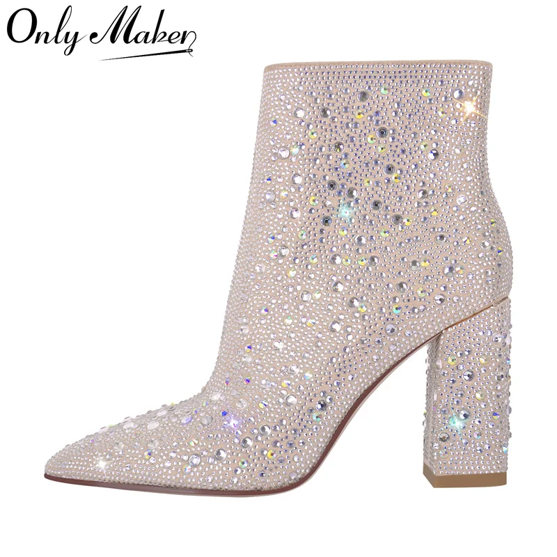 

Onlymaker Women Pointed Toe Silver Rhinestone Glitter Bling Shiny Ankle Boots Super Pretty Gorgeous Cowgirl Dress Female Boots
