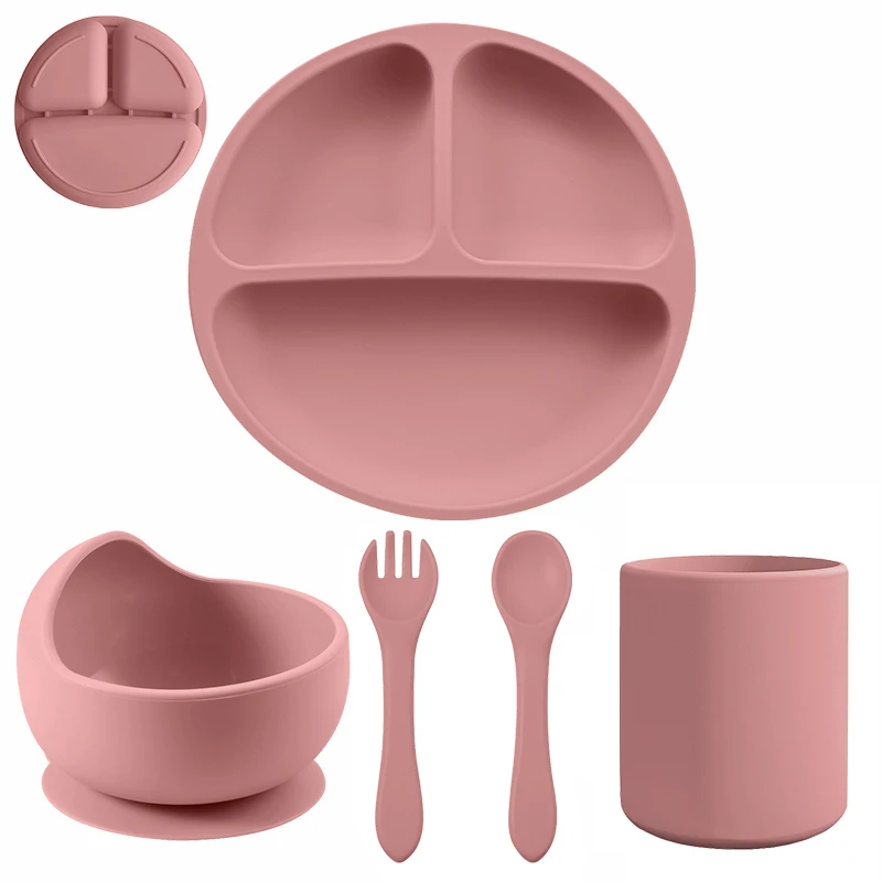 

5/4PC Solid Baby Silicone Tableware Set with Divided Baby Plates Feeding Bowls Straw Cup and Spoon for Toddler Training BPA Free