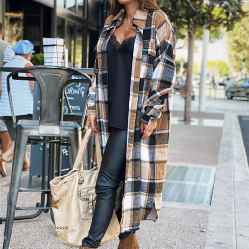 

Women's Loose Fashion Casual Long Sleeve Jackets 2021 Autumn Shirt Coats Female Plaid Woolen Coat Long Clothing Streetwear Ins