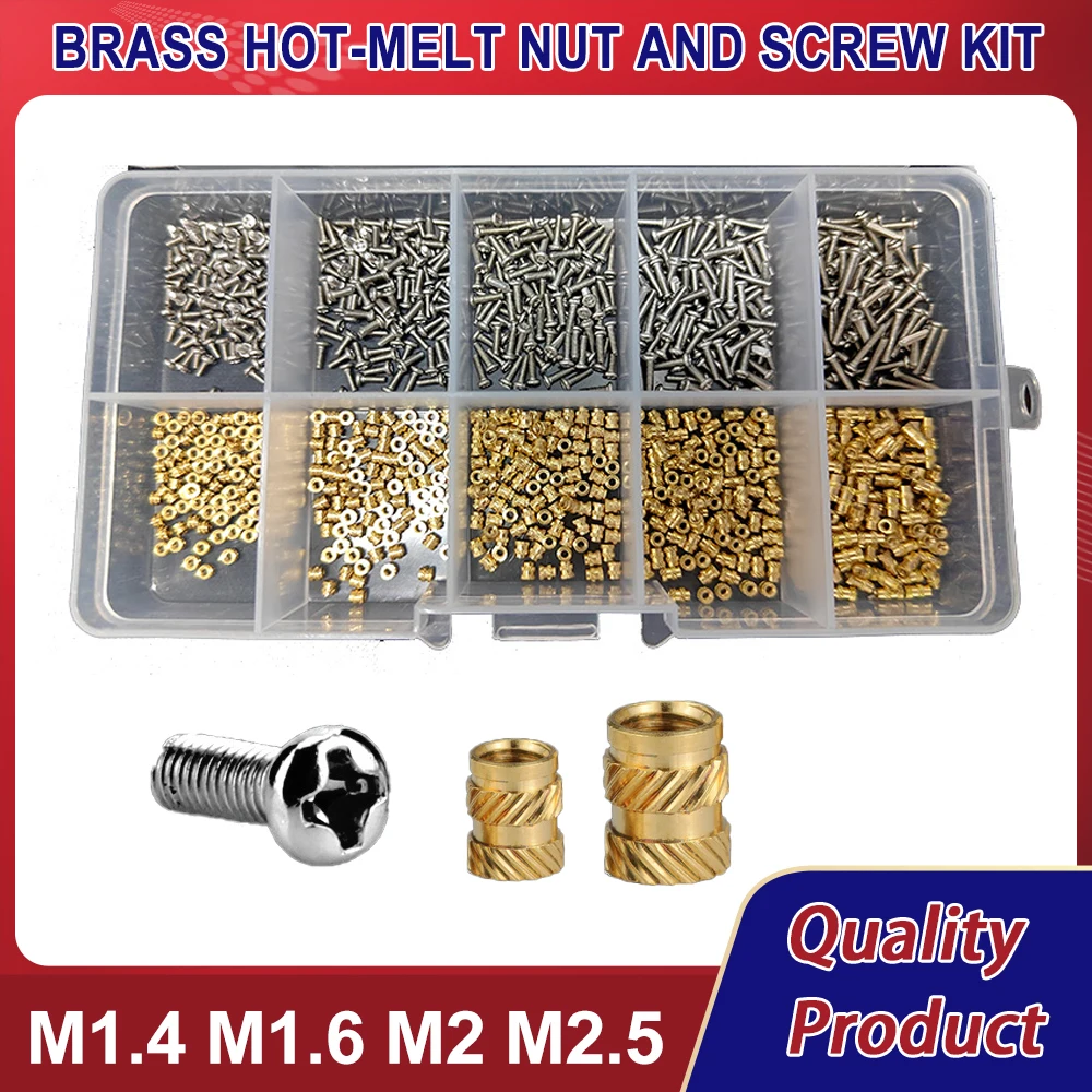 

M1.4 M1.6 M2 M2.5 Brass Insert Nut and 304 Stainless Steel Screw Set Heat Hot Melt Thread Knurled Embedment Copper Nut Kit