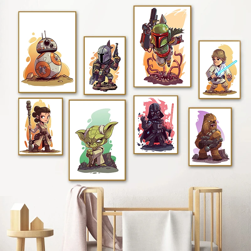 

Disney Star Wars Watercolor Wall Art Posters Yoda Darth Vader BB8 Cartoon Canvas Print Painting Movie Picture for Room Decor Gif