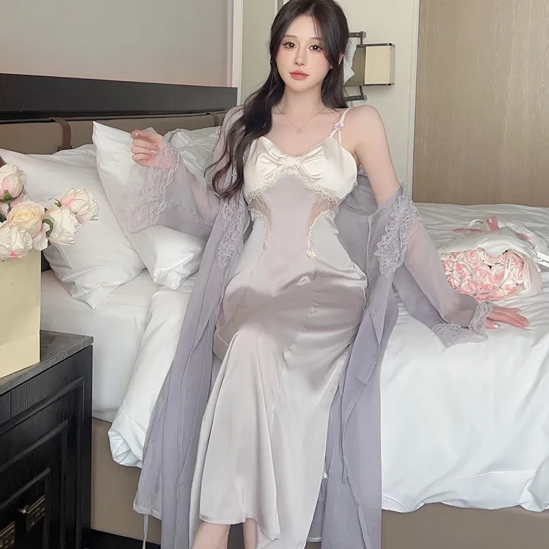 Костюм женский атласный из двух предметов кружевная ночная рубашка-кимоно халат