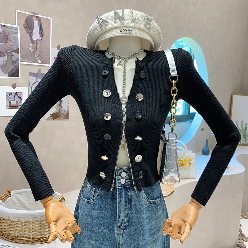 

New Women's Clothing 2022 Autumn Double breasted decorative thin cardigan sweet Girl zipper short slim knit top