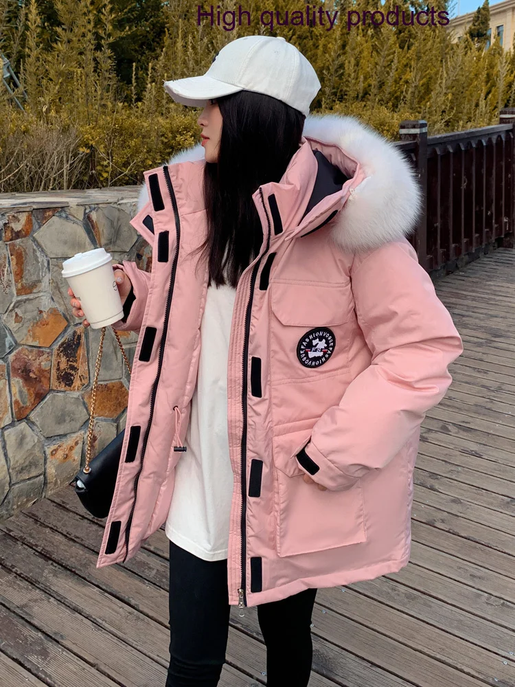 

Hooded Pink Puffer Women's 2024 Parker Clip Overcome Thickening Winter Outdoor White Snow Couples Cargo Jacket
