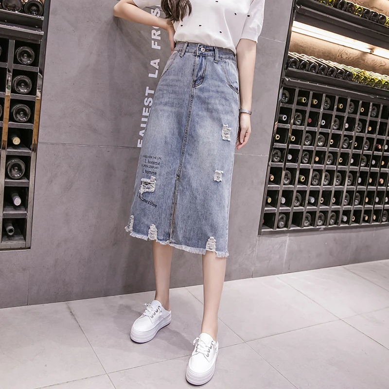 

2021 Summer Spring Women New Korean Letter Print Slim Denim Skirts Female College Casual Hole Straight Mid-length Skirt Harajuku