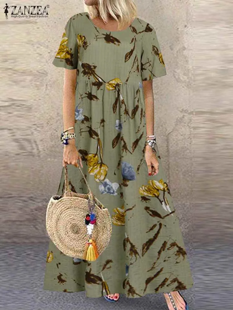 ZANZEA Bohemian Floral Printed Casual Dress Summer Short Sleeve Sundress Women Holiday Vestido Fashion Beach Kaftan Robe 2023
