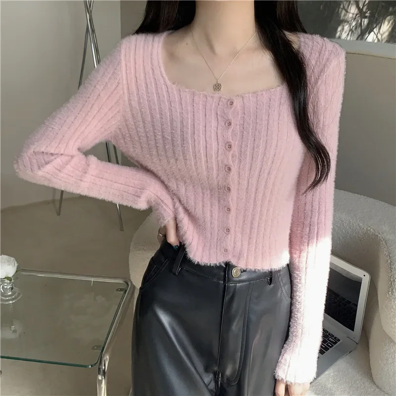 Женский трикотажный топ с квадратным вырезом укороченный длинным рукавом из