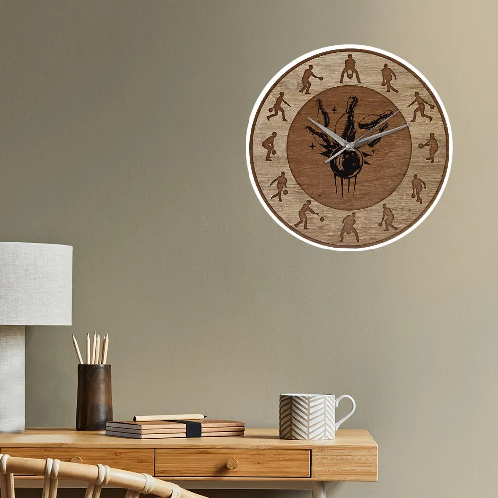 Боулинг выстрел Текстура дерева печатные настенные часы Спорт искусство