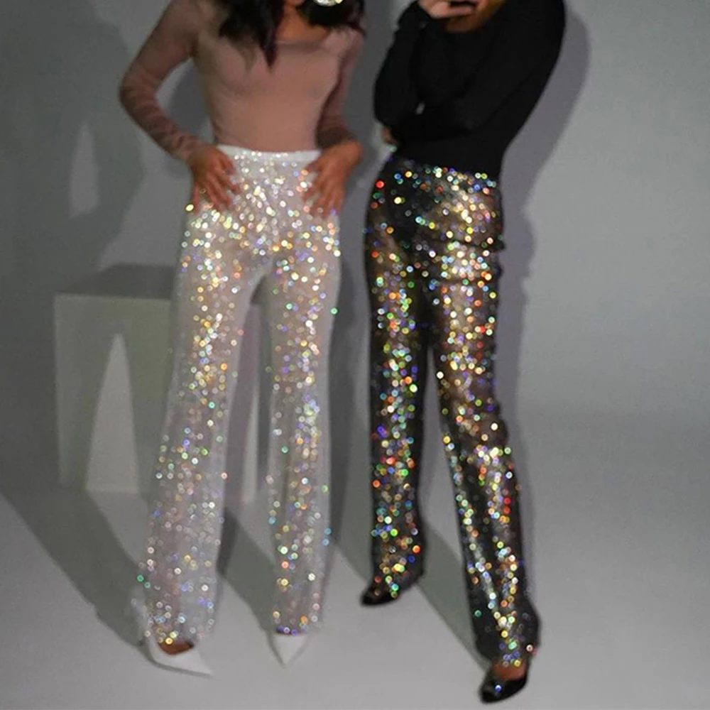 Luxury Diamond Women Wide Leg Pant Fishnet Crystal Rhinestone Club Disco Trousers Rave Party Y2K Streetwear Full Length Pants