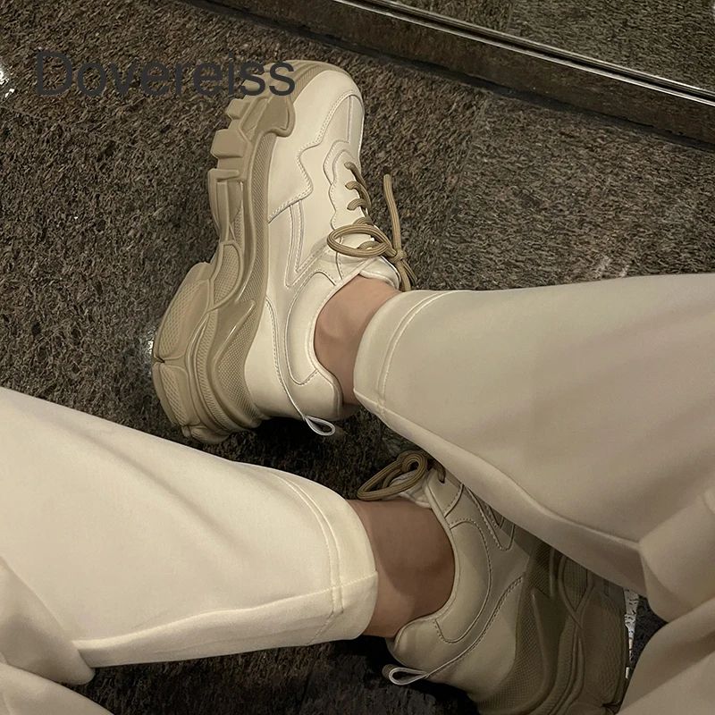 

2022 Autumn Winter Sexy Genuine Leather Lace Up Apricot Sneakers Pointed Toe Cross Tied New Nude Leather Platform Shoes 40