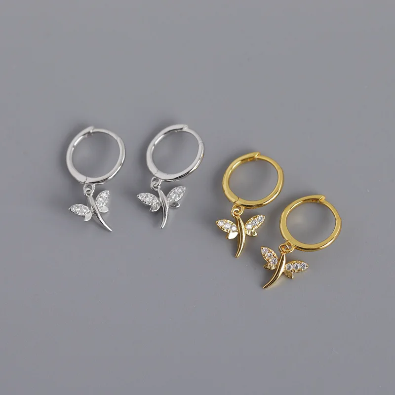 

925 Sterling Silver Minimalist Dragonfly Zircon Drop Hoop Earrings For Women 2022 New Trendy Thick Gold Plated Dangler Jewelry