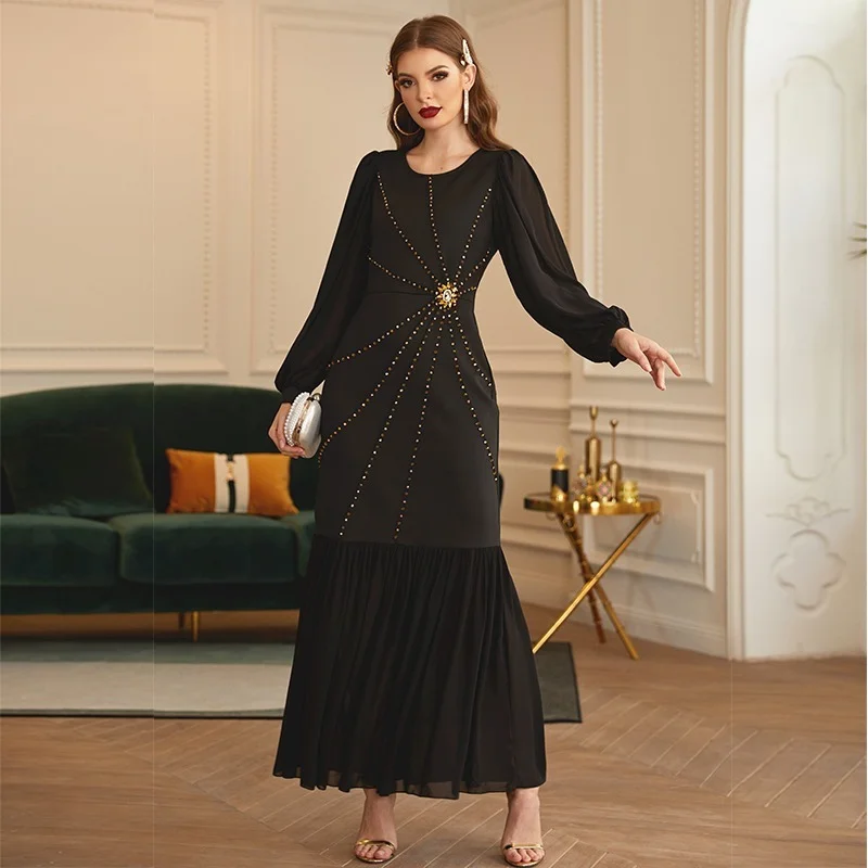 Handmade Embroidered Crystal Maxi Dress Women Muslim Gorgeous Black Bishop Sleeve Stretchy Morocco Party Gown Eid Clothing Islam