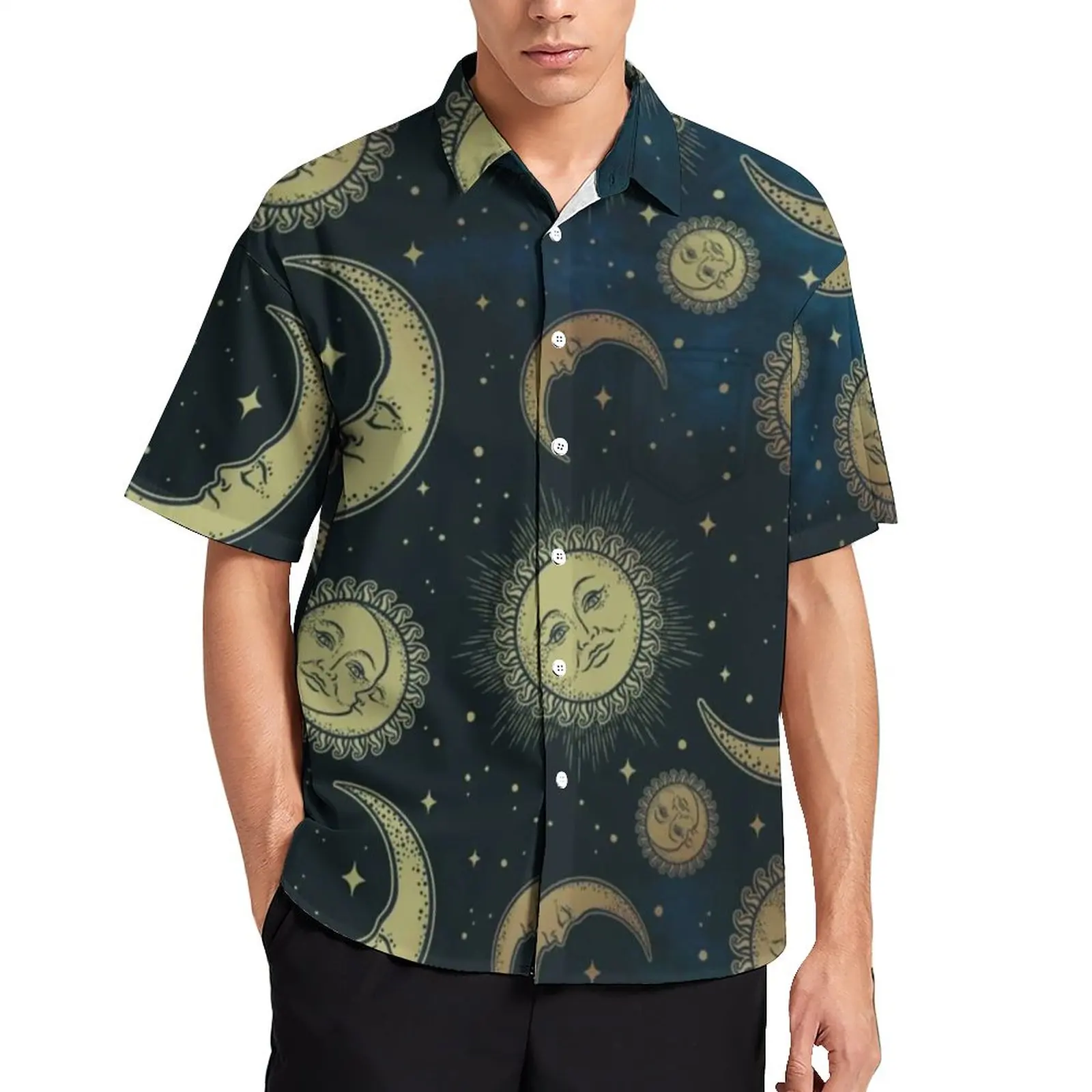 

Retro Sun Print Blouses Man Moon Stars Celestial Night Casual Shirts Hawaii Short Sleeve Custom Retro Oversized Beach Shirt Gift