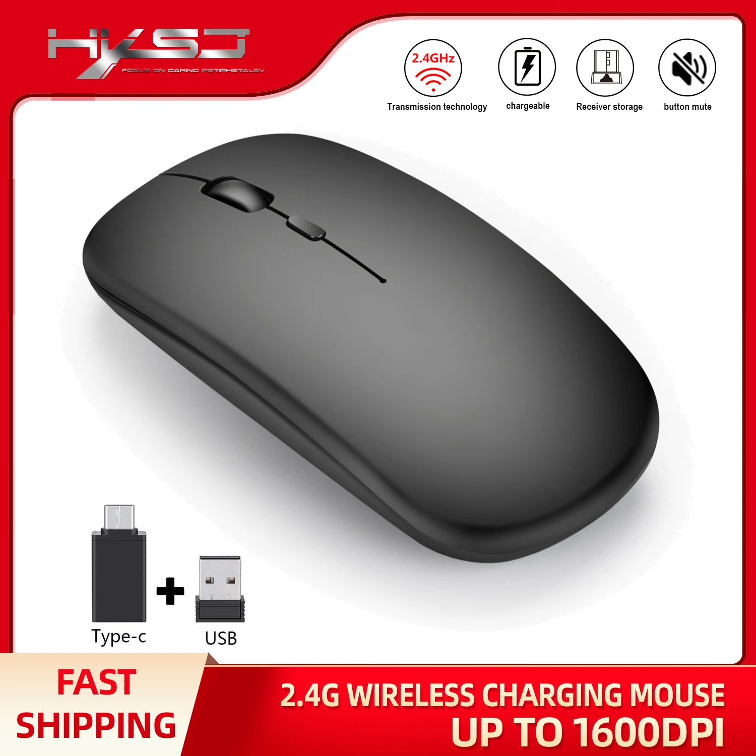 

Rechargeable 2.4G Wireless Mouse 3D Adjustable 1600 DPI Ultra-thin Portable Silent Mice 3 Buttons With TYPE-C For Office Home