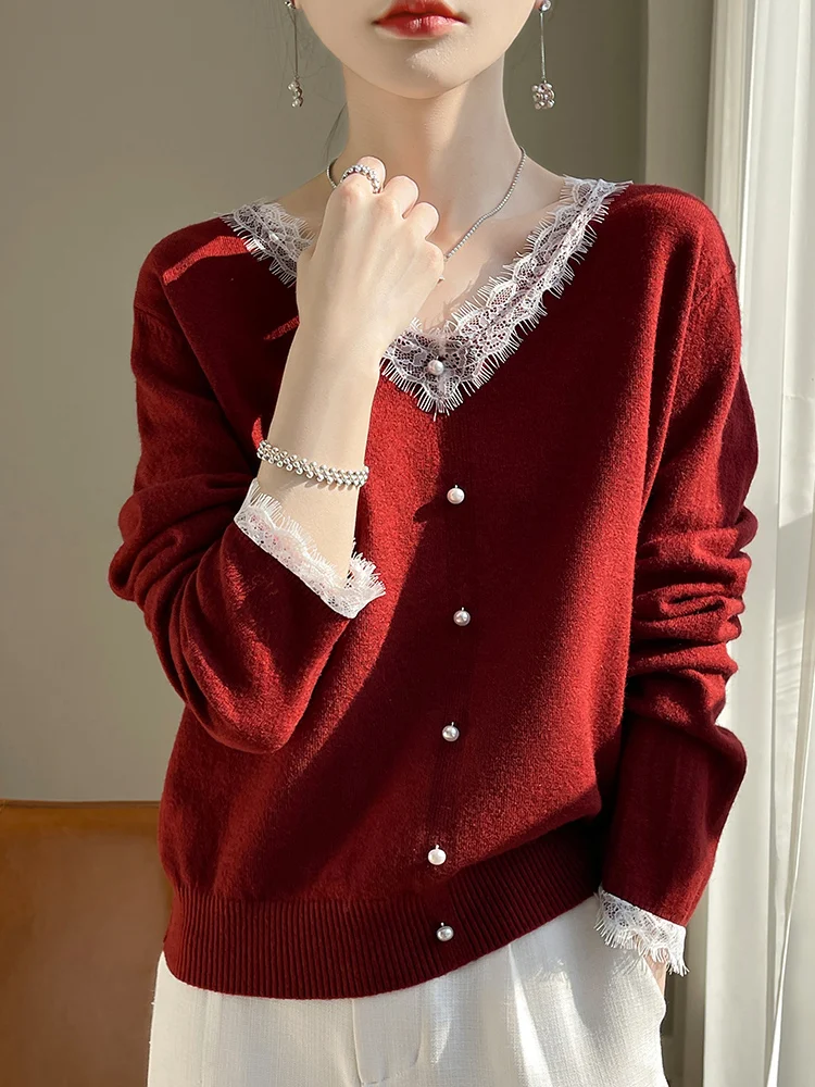 Elegant Lace Long-Sleeved Bottoming Shirt for Women V Neck Pullover New Year Red Sweater Keep Warm Inner Match Top