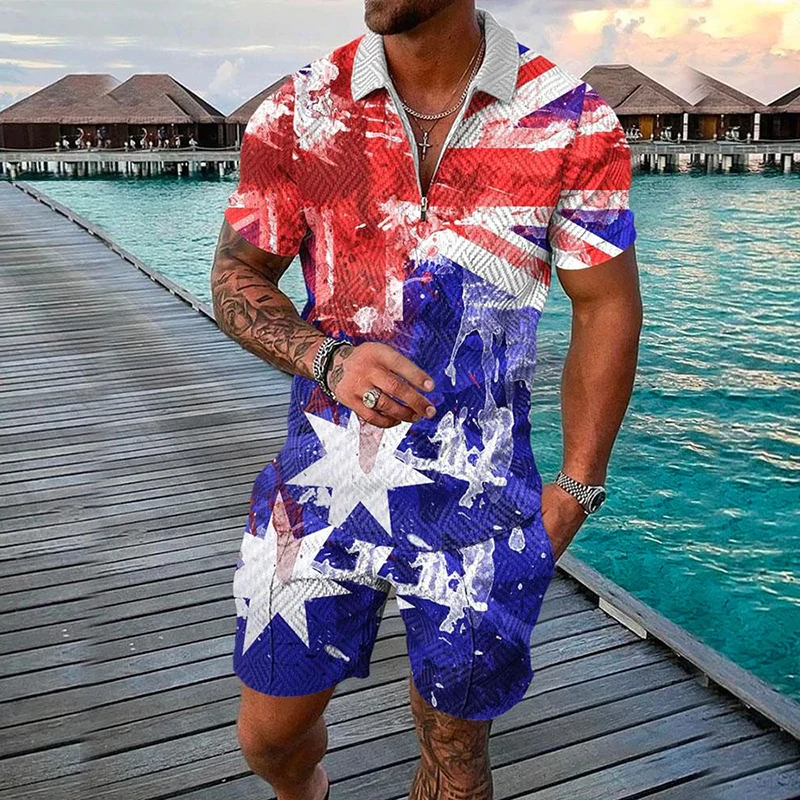 

Spring and summer fashion slim fitting 3D American style men's short-sleeved polo shirt and shorts high-quality polyester men's