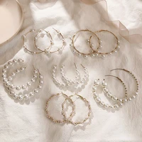 new white boho imitation pearl round circle hoop earrings female gold color big earrings korean jewelry statement earrings
