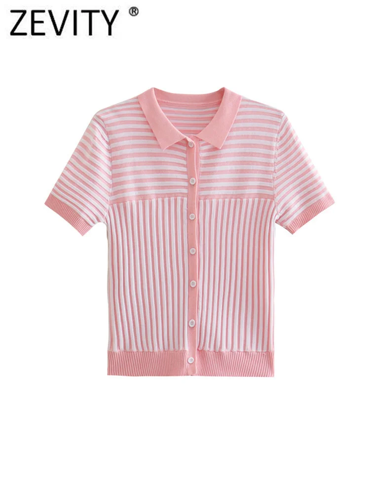 

Zevity Women Fashion Color Match Striped Patchwork Print Short Knitting Sweater Female Chic Short Sleeve Polo Coat Tops SW831