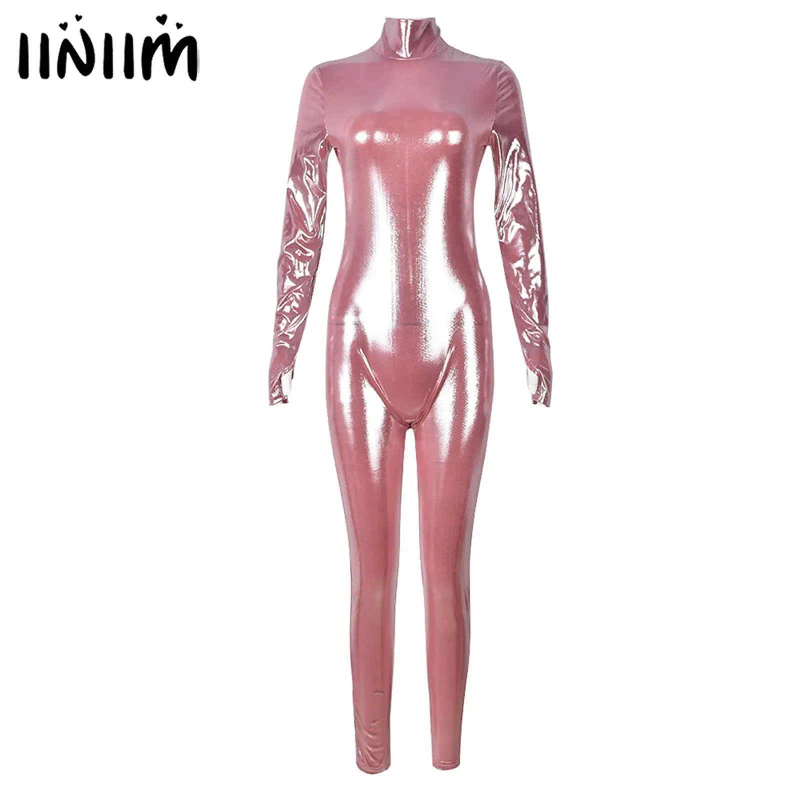 

Womens Catsuit Clubwear Shiny High Neck Bodysuit Fashion Long Sleeve Skinny Jumpsuit Invisible Zipper Back Pole Dancing Costume