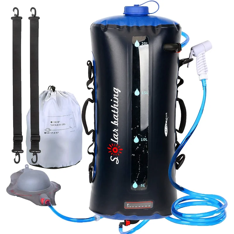 

20L Water Bags Outdoor Camping Hiking Solar Shower Bag Heating Camping Shower Climbing Hydration Bag Hose Switchable Shower Head