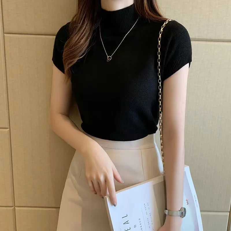 

2023 Half Turtleneck Summer Short Sleeve Korean Style Sweater Knitted Pullover Women Sweaters Basic Thin Tops Pull Femme Jumper