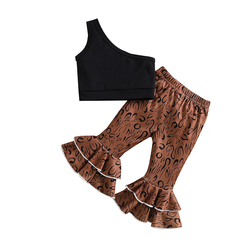 

Girls Summer 2Pcs Outfit Sets Black One Shoulder Ribbed Tops + Layered Ruffle Flared Pants