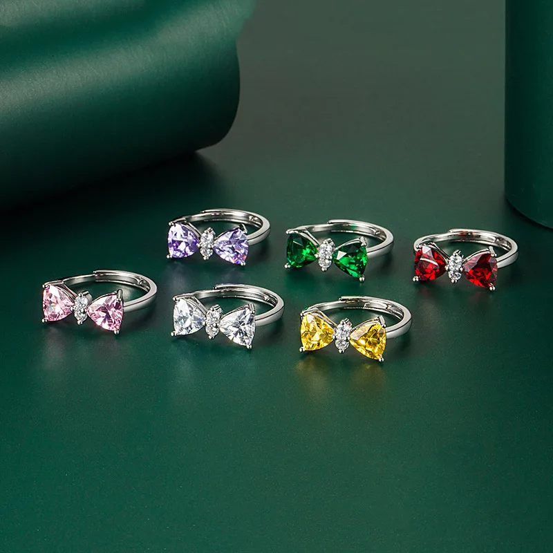 

European and American Copper Inlaid Zircon Ring Sweet Bow Open Adjustable Ring Wedding Bridal Jewelry Luxury Jewelry