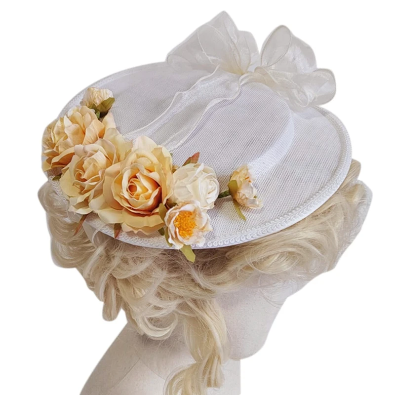 

Elegant Chic Flat Top Hat Light Yellow Flowers Bonnet Hat for Birthday