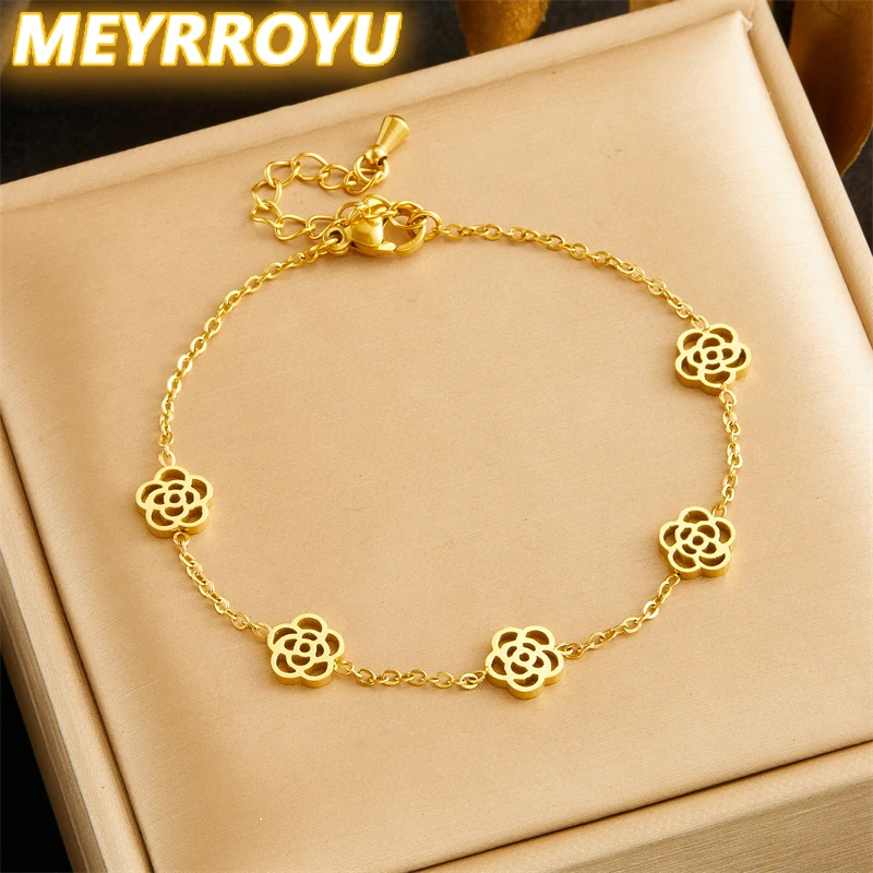 Женский браслет MEYRROYU из нержавеющей стали 316L в виде цветка камелии с отверстиями