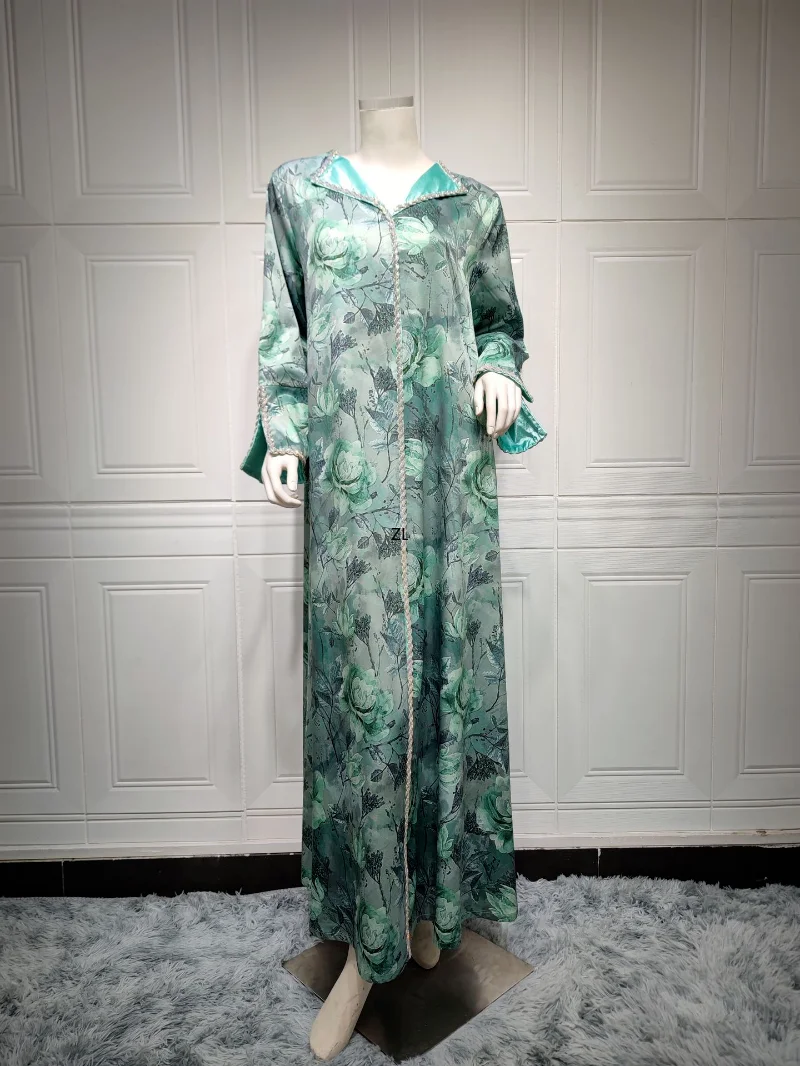 Elegant Casual Party Dress Luxury Diamonds Vintage Floral Print Long Dresses Turn-down Collar Robe Muslim Women Clothing