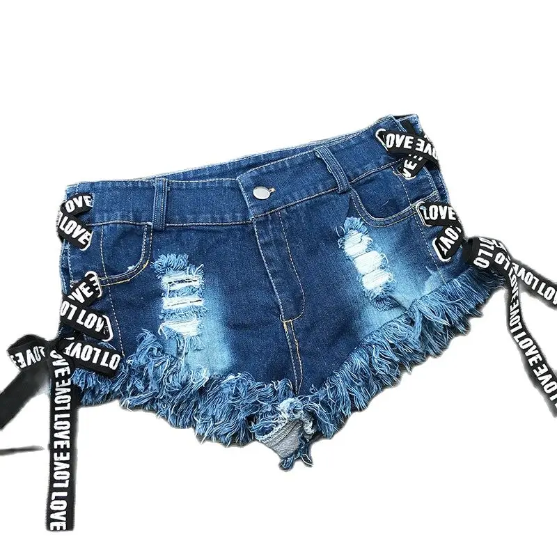 

2023 Sexy Low Waist Bandage Denim Ripped Hole Short Jeans