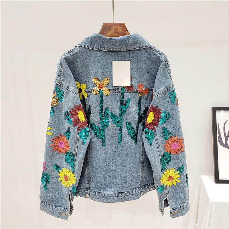 

Work Heavy Sequins Sun Flower Women Fashion Long sleeve Denim Jacket Outerwear Female Loose Jeans Coat Streetwear