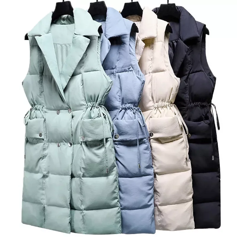

Cotton Padded Down Vest Women Mid-Length Autumn Winter Warm Sleeveless Jacket Waistcoat Sashes Outerwear Student Vest