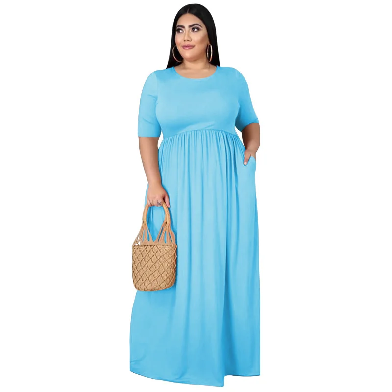 Plus Size Summer Round Collar Women Maxi Dresses Solid Short Sleeves Loose Casual Long Dresses Oversize 4xl 5x 3xl 4xl 5xl 6xl