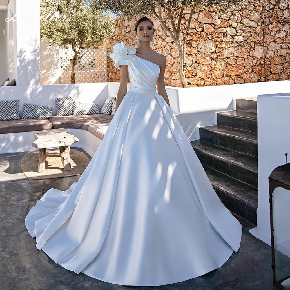 Lhuillier Атласные свадебные платья трапециевидной формы на одно плечо с бисером
