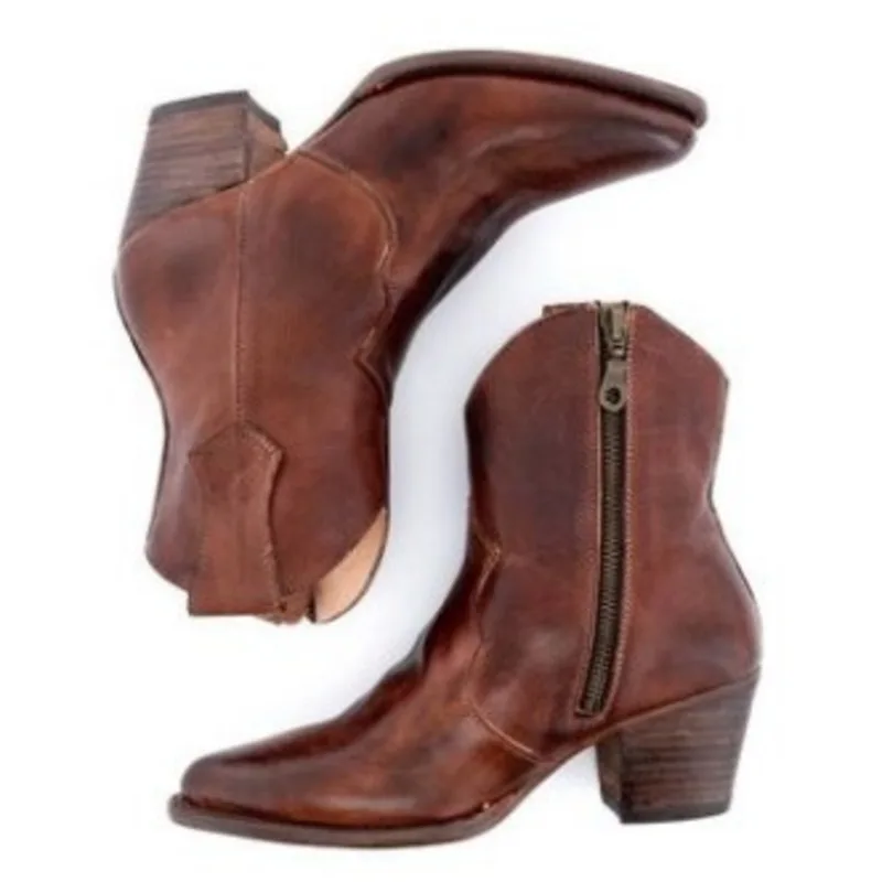 Wedge Western Boots Women Shoes 2022 Pointed Toe Chunky Heels Ankle Boots Plus Size 34-43 Cowgirl Short Booties Bota Feminina