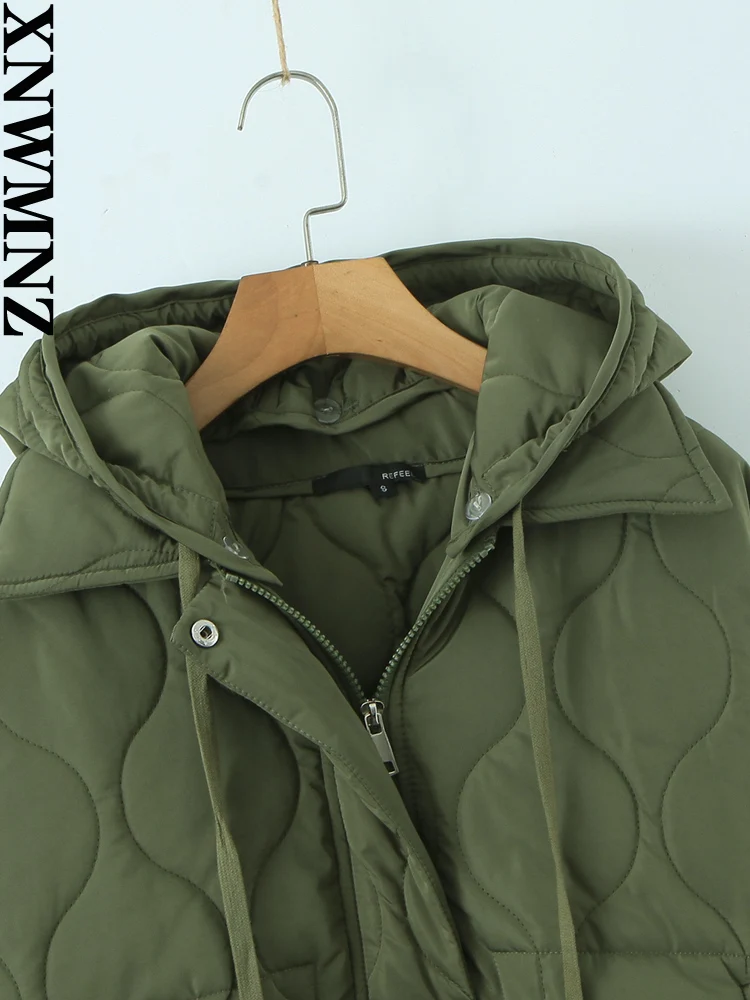 XNWMNZ Women Fashion Winter Zip Drawstring Hooded Padded Jacket Coat Woman Vintage Long Sleeve pocket Female Outerwear Chic Tops