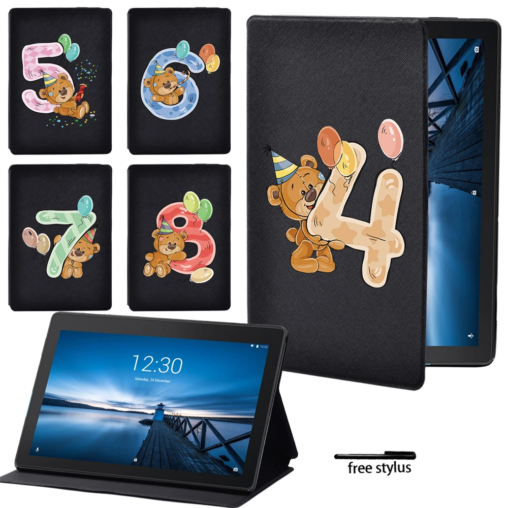 

Новый чехол-книжка для планшета Lenovo Tab E10 10,1 дюйма/Tab M10 10,1 дюйма, кожаный чехол-подставка с милым медведем и рисунком счастливых цифр + стилус