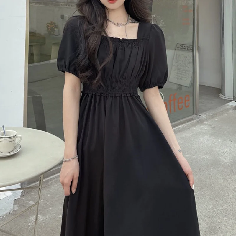 

HOUZHOU Black Vintage Midi Dress Elegant Women Dresses Square Collar Puff Sleeve Oversized Loose Casual Sundress Female Robe