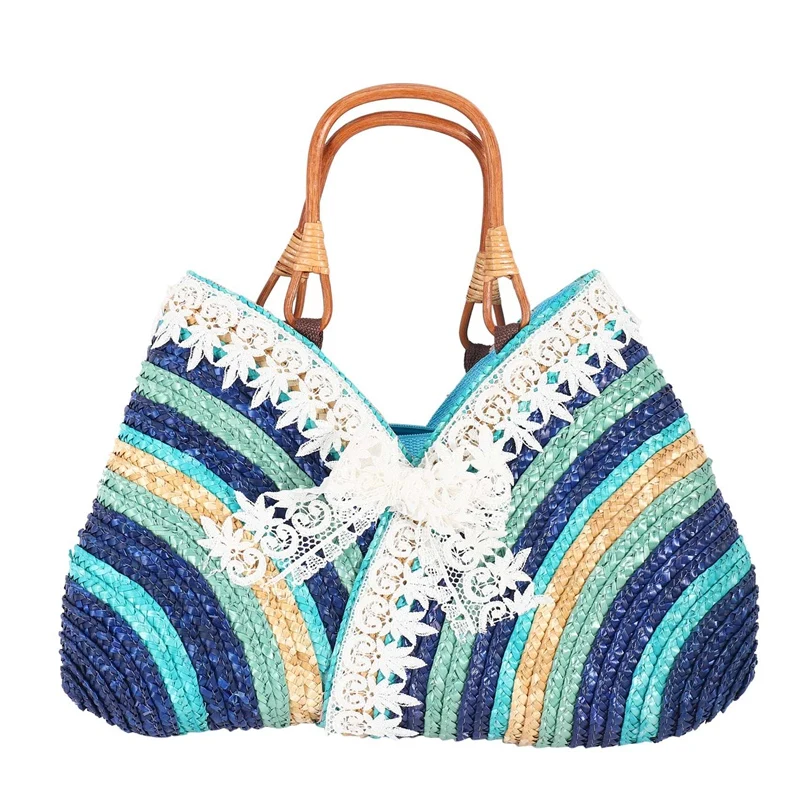 

Casual Fashion Bow Rainbow Stripes Lace Bow Bag New Straw Bag