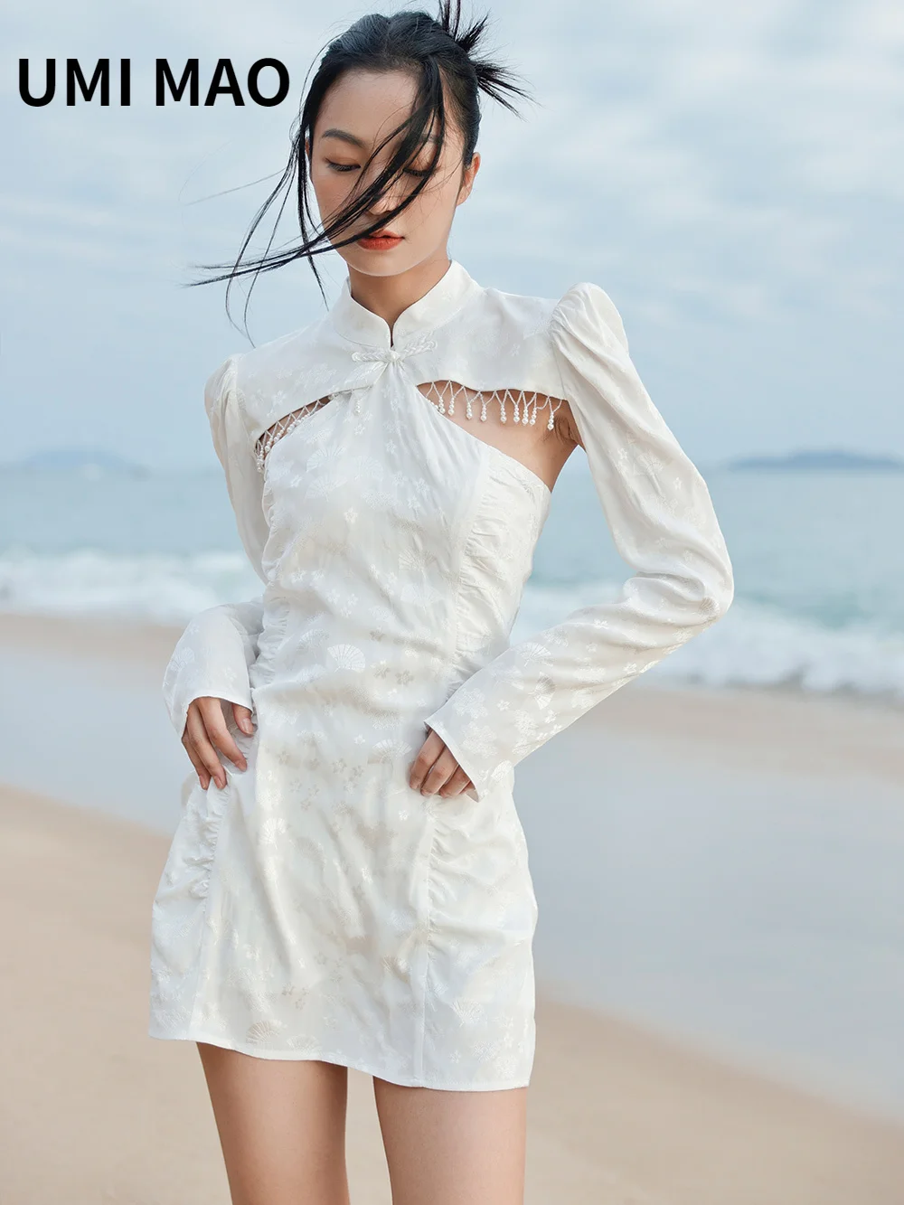 

UMI MAO Chinese Style New Two Piece Autumn Dress Elegant Spring Women 2023 New Belly Pocket Set Short Dresses Femme Y2K