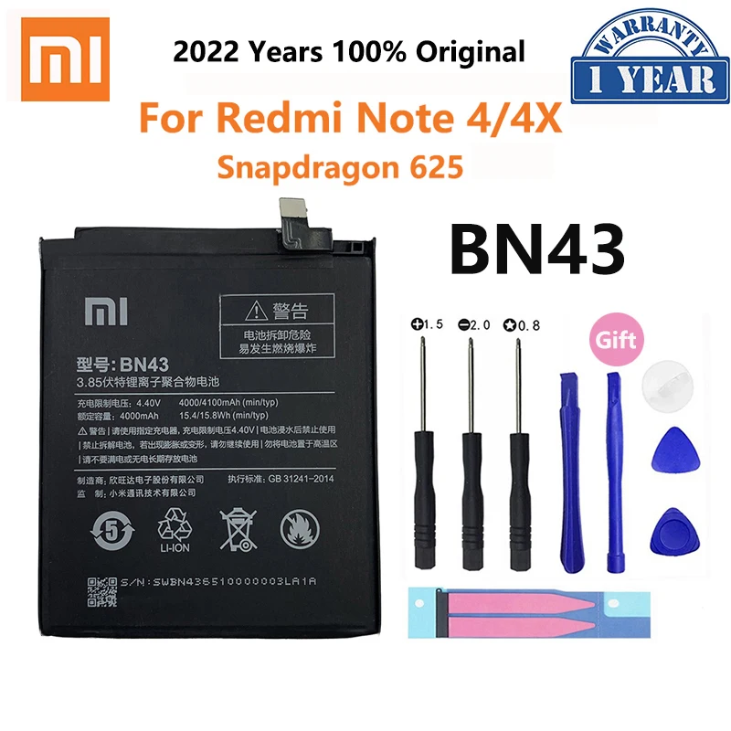 

Xiao Mi Battery BN43 Redmi Note4 Note4X For Xiaomi Redmi Note 4X / Note 4 Global Snapdragon 625 Replacement 4100mAh + Free Tools